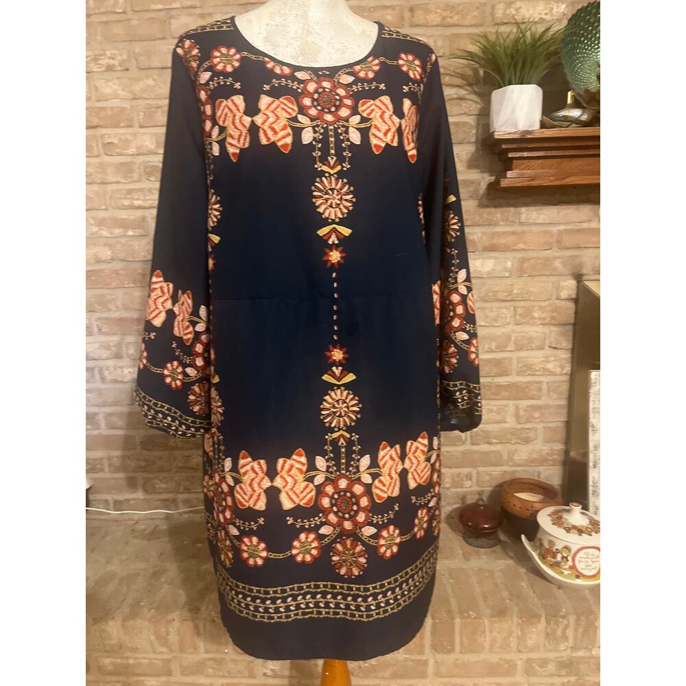 EMERY ROSE navy floral tunic dress, 3/4 sleeves, geometric patterns w/Sz 2XL